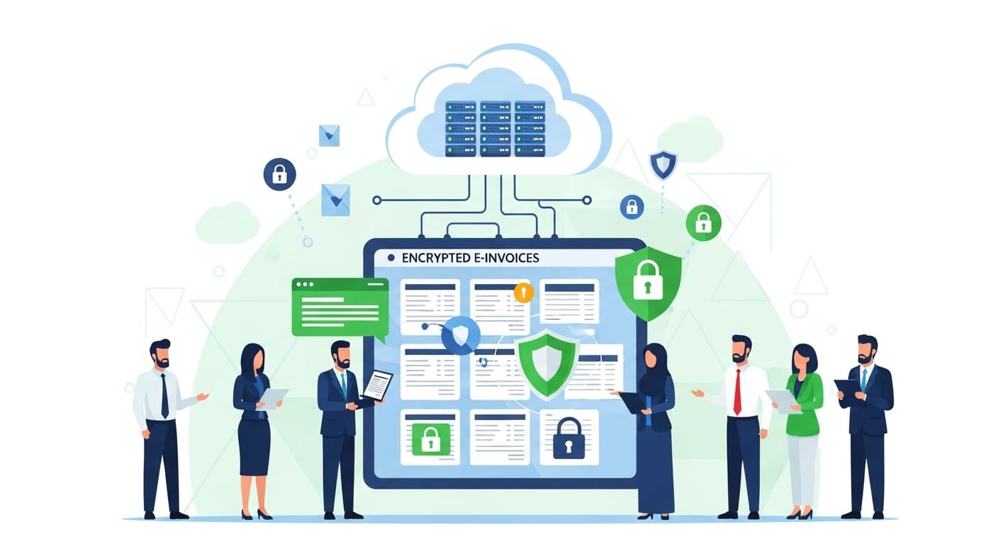 Saudi business professionals reviewing encrypted e-invoices